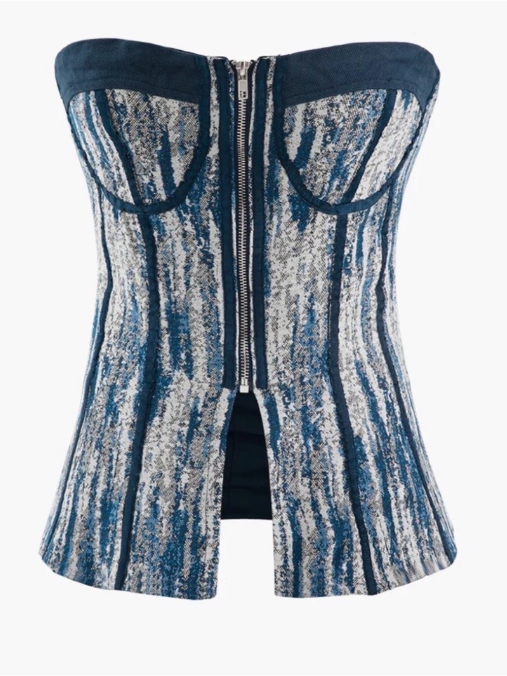 Micas Strapless Blue Patterned Zip-Front Bustier Top NWT